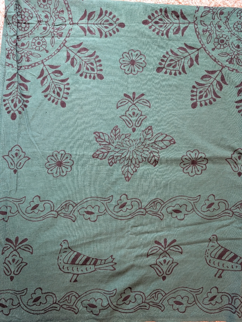 Teal Block-Print Art Tablecloth with Black Floral & Bird Motif 250 X 150cm